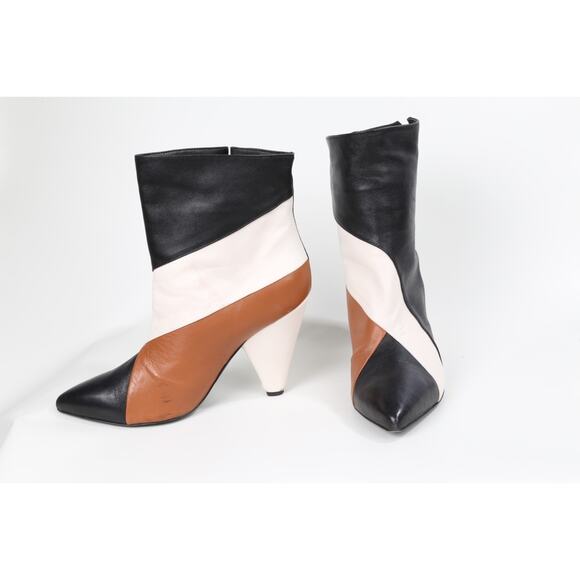 Suoli Black White Booties Brown Leather Pointed Toe Ankle Boots Size 39 - Picture 1 of 14